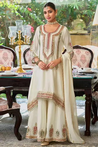 White embroidered chinon kurta trouser dupatta set