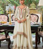 White embroidered chinon kurta trouser dupatta set