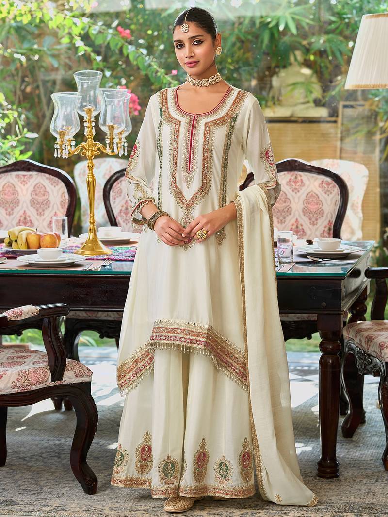 White embroidered chinon kurta trouser dupatta set