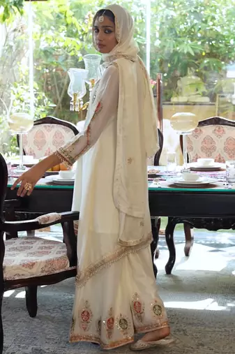 White embroidered chinon kurta trouser dupatta set