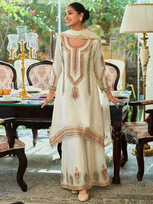 White embroidered chinon kurta trouser dupatta set 3