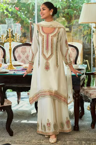 White embroidered chinon kurta trouser dupatta set