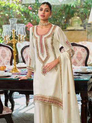 White embroidered chinon kurta trouser dupatta set 4