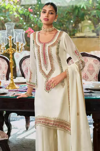 White embroidered chinon kurta trouser dupatta set