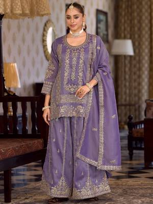 Lavender embroidered silk kurta trouser dupatta set 1