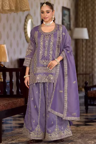 Lavender embroidered silk kurta trouser dupatta set