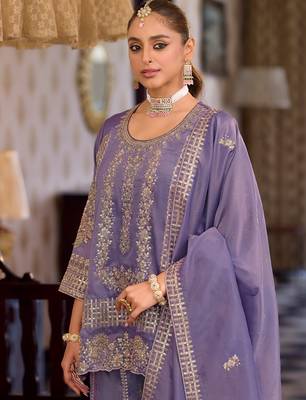 Lavender embroidered silk kurta trouser dupatta set 2
