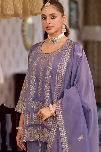 Lavender embroidered silk kurta trouser dupatta set