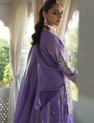 Lavender embroidered silk kurta trouser dupatta set 3