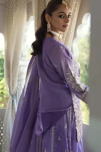 Lavender embroidered silk kurta trouser dupatta set
