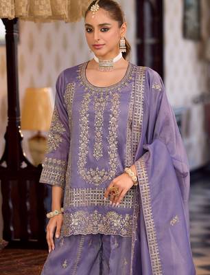 Lavender embroidered silk kurta trouser dupatta set 4