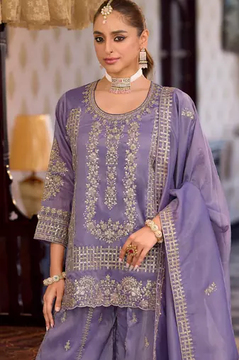 Lavender embroidered silk kurta trouser dupatta set
