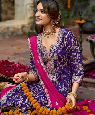 Purple embroidered silk kurta trouser dupatta set 1