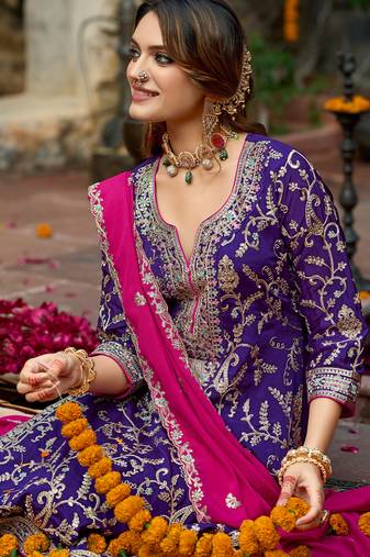 Purple embroidered silk kurta trouser dupatta set