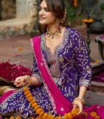 Purple embroidered silk kurta trouser dupatta set