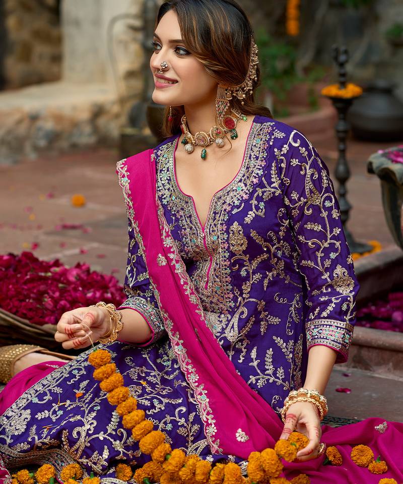 Purple embroidered silk kurta trouser dupatta set