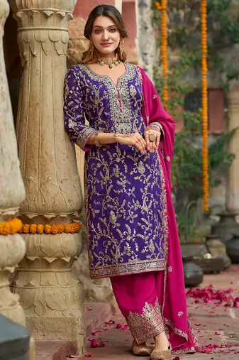 Purple embroidered silk kurta trouser dupatta set