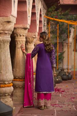 Purple embroidered silk kurta trouser dupatta set 3