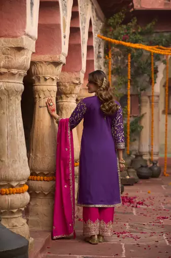 Purple embroidered silk kurta trouser dupatta set