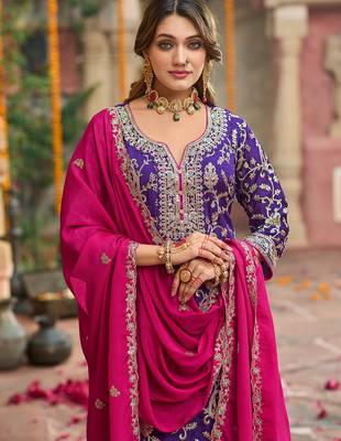Purple embroidered silk kurta trouser dupatta set 4