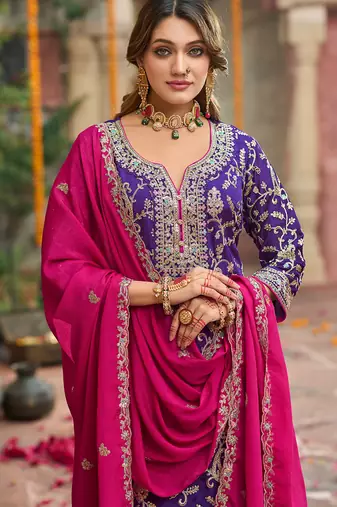 Purple embroidered silk kurta trouser dupatta set