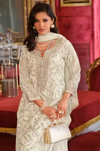White embroidered chinon kurta trouser dupatta set