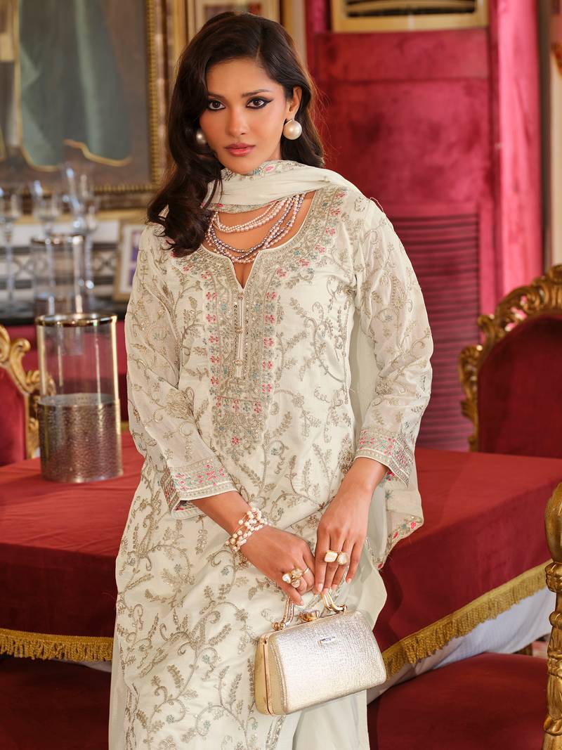 White embroidered chinon kurta trouser dupatta set