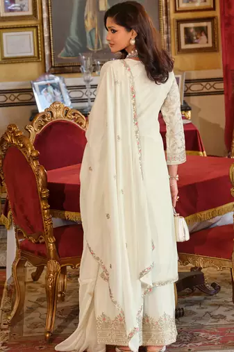 White embroidered chinon kurta trouser dupatta set