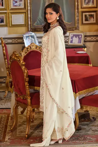 White embroidered chinon kurta trouser dupatta set