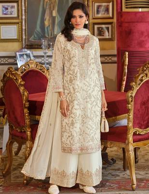 White embroidered chinon kurta trouser dupatta set 4