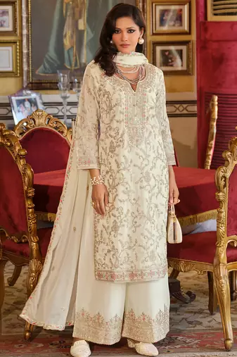 White embroidered chinon kurta trouser dupatta set