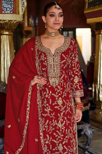 Red embroidered chinon kurta trouser dupatta set