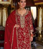 Red embroidered chinon kurta trouser dupatta set