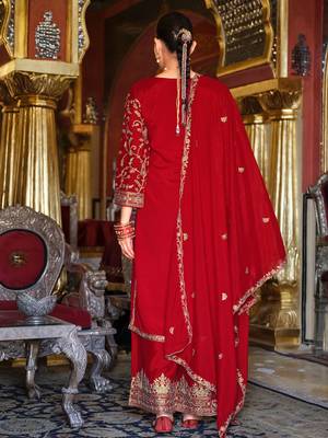 Red embroidered chinon kurta trouser dupatta set 2