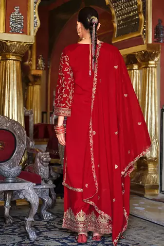 Red embroidered chinon kurta trouser dupatta set