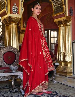 Red embroidered chinon kurta trouser dupatta set 3