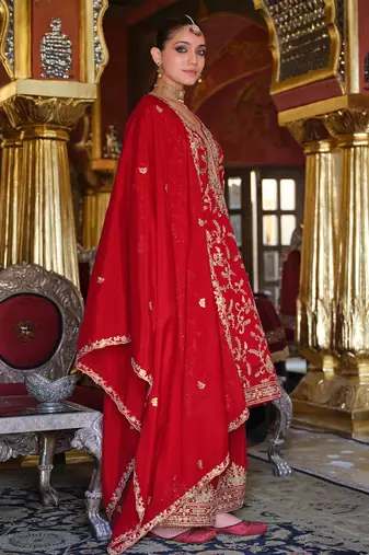 Red embroidered chinon kurta trouser dupatta set