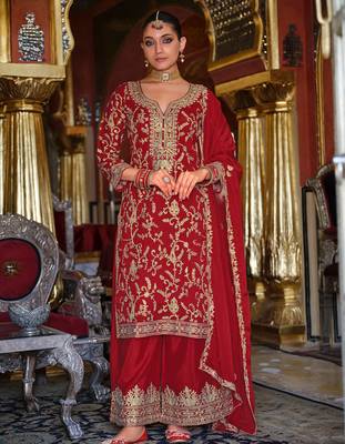 Red embroidered chinon kurta trouser dupatta set 4