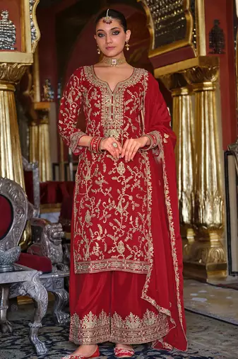 Red embroidered chinon kurta trouser dupatta set