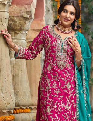 Pink embroidered silk kurta trouser dupatta set 1