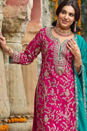 Pink embroidered silk kurta trouser dupatta set