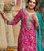 Pink embroidered silk kurta trouser dupatta set