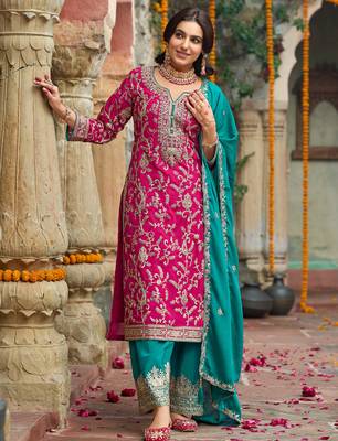 Pink embroidered silk kurta trouser dupatta set 2