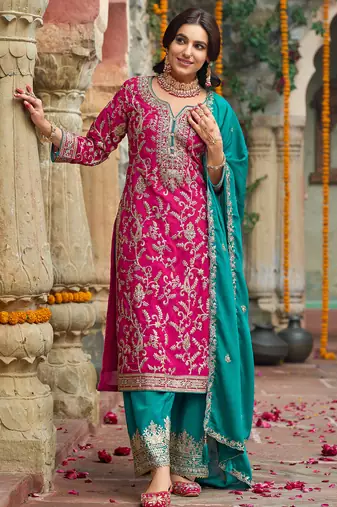 Pink embroidered silk kurta trouser dupatta set