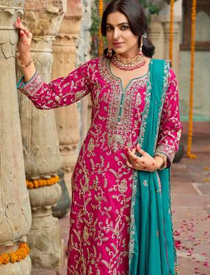 Pink embroidered silk kurta trouser dupatta set 4