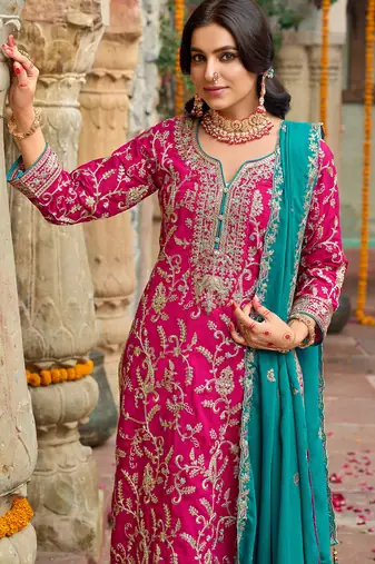 Pink embroidered silk kurta trouser dupatta set