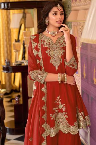 Orange embroidered chinon kurta trouser dupatta set