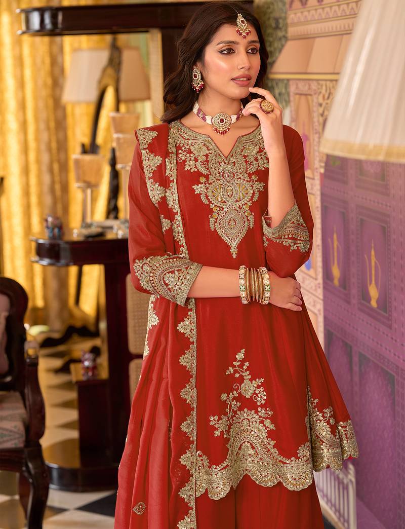 Orange embroidered chinon kurta trouser dupatta set