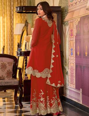 Orange embroidered chinon kurta trouser dupatta set 2