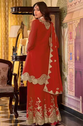 Orange embroidered chinon kurta trouser dupatta set